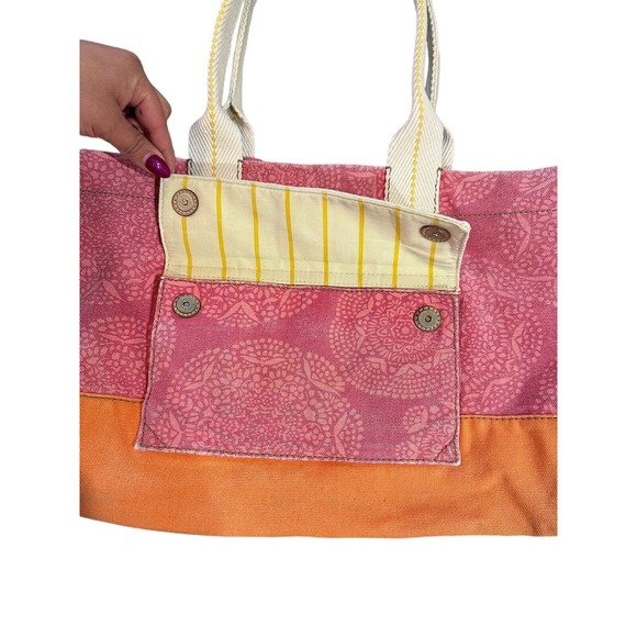 Fossil Lena Canvas Pink Orange Large Double Handles Tote Bag Overnight Carry All - Picture 3 of 16